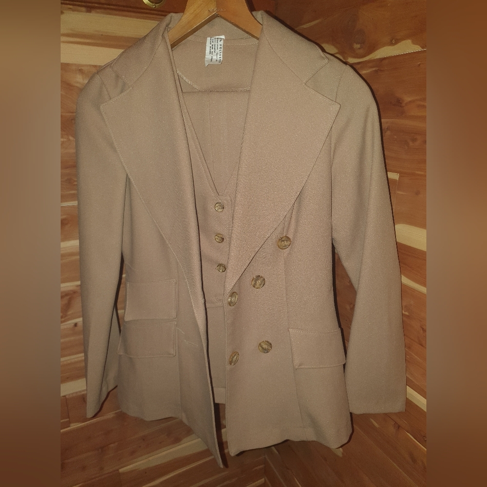 Vintage 70s Tan 3 Piece Blazer, Vest And Pants Suit